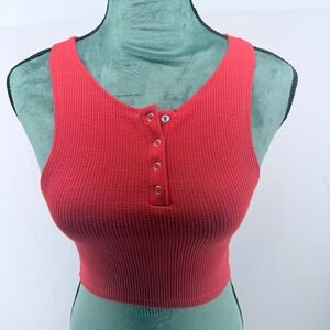 Zara Womens Red Ribbed Henley Snap Button Crop Top Sleeveless Tank Size Medium